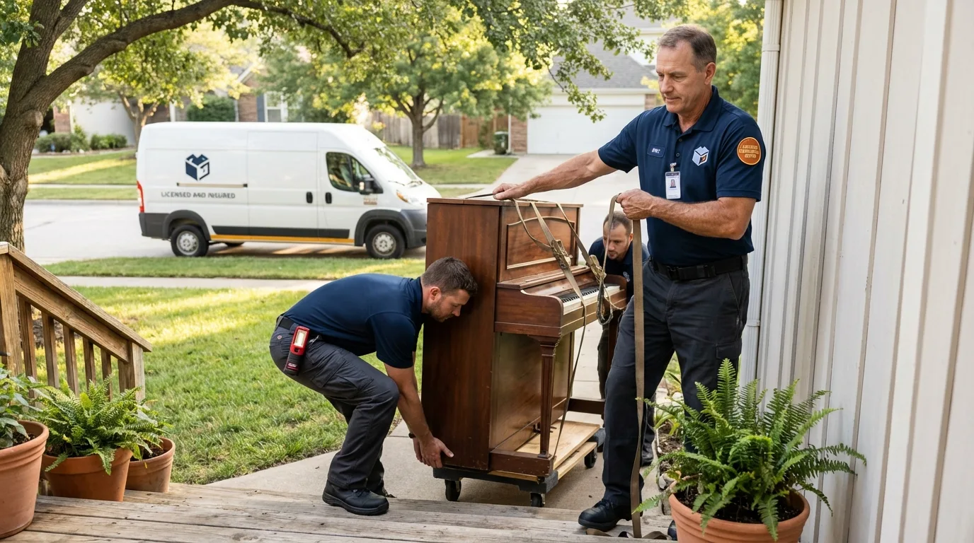 Licensed piano movers securing grand piano in Garden City, ID
