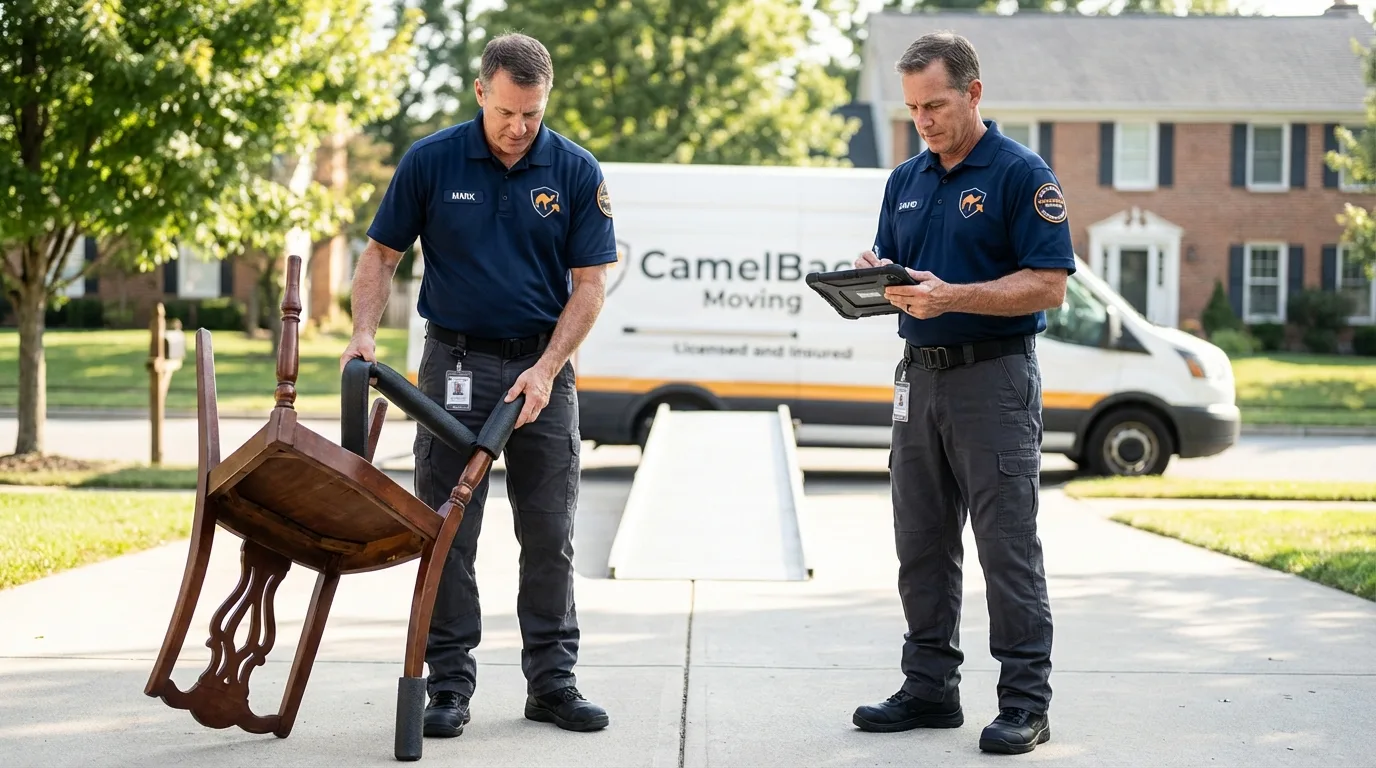 Movers inspecting furniture for damage prevention before loading in Garden City, ID