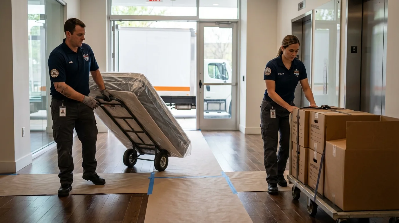 Professional apartment movers loading elevator in Garden City, ID