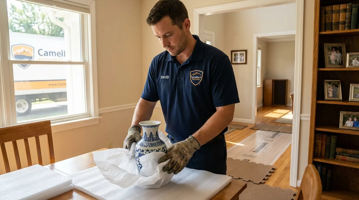 Professional crew carefully wrapping antique vase for senior downsizing move in Garden City, ID